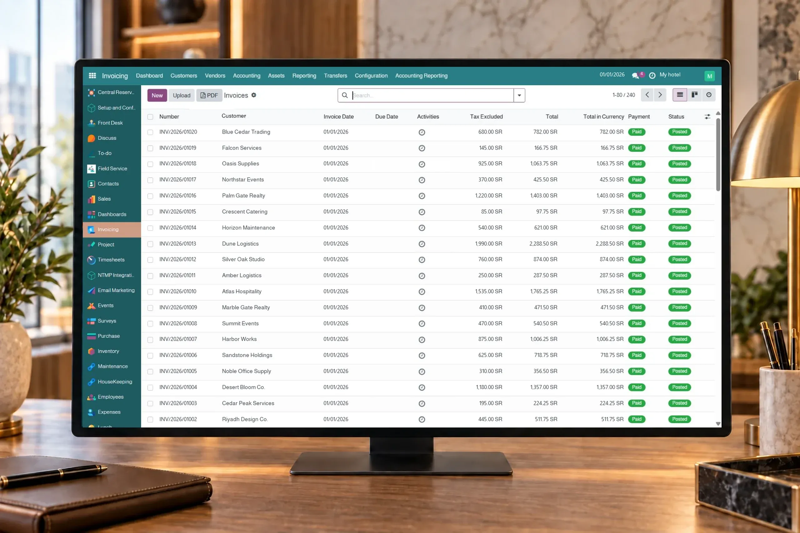 Hotel invoice table on a finance office monitor.